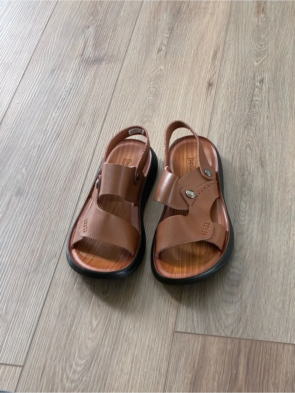 Men's Brown Leather Slide Sandals with Adjustable Strap